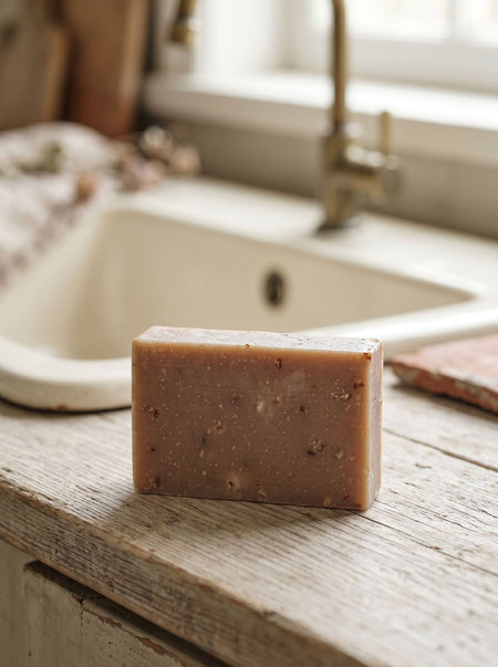 Bar of soap on a wooden surface with a blurred kitchen sink in the background