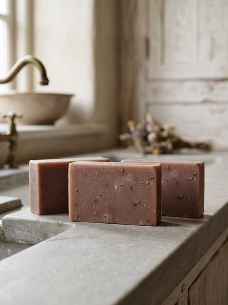 Three brown soap bars on a stone surface with a bathroom setting in the background.