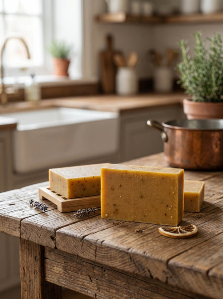Three bars of soap on a wooden surface with a kitchen background