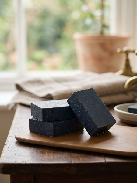 Three black soap bars on a wooden surface with a blurred natural background