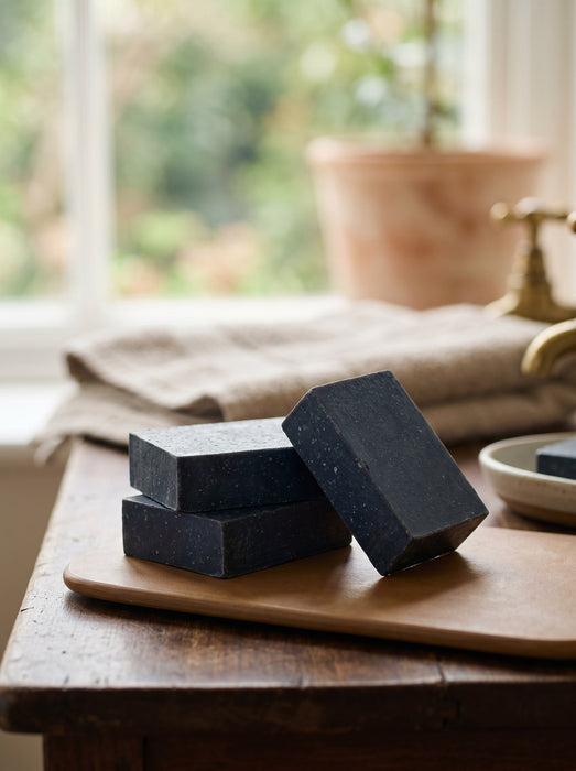 Three black soap bars on a wooden surface with a blurred natural background