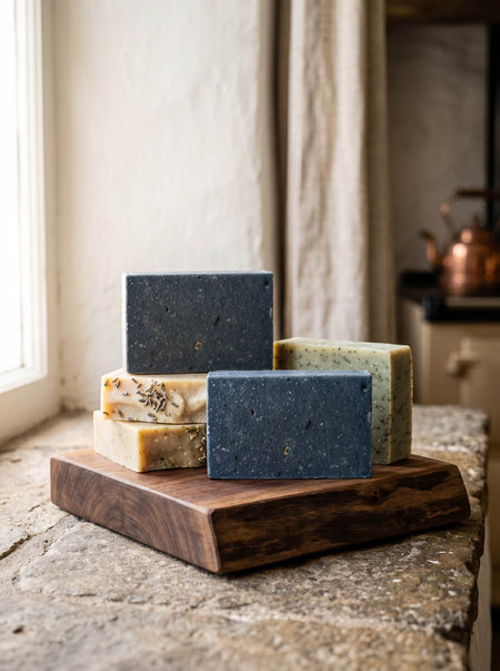 Five bars of soap on a wooden stand with a neutral background