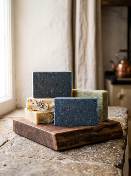 Five bars of soap on a wooden stand with a neutral background