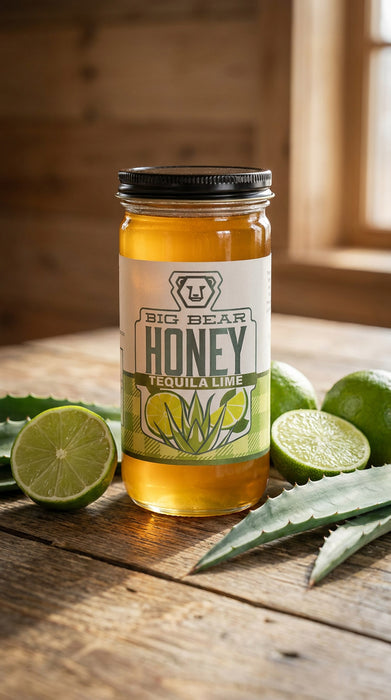Jar of Big Bear Honey Tequila Lime on a wooden surface with limes and aloe vera leaves.