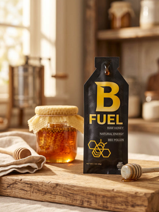 B Fuel raw honey package on a wooden surface with a jar of honey and a honey dipper.