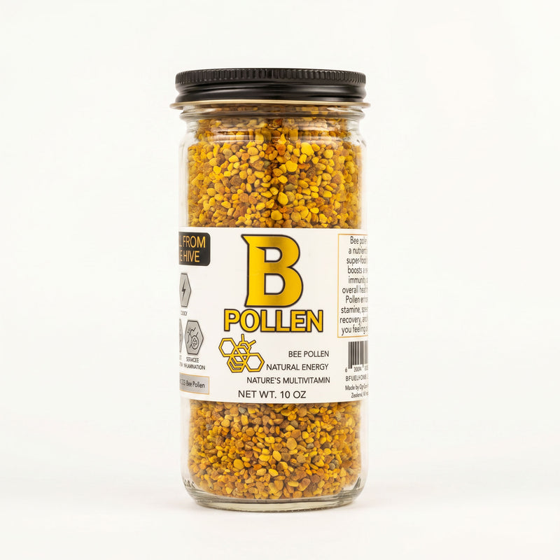 Jar of bee pollen with a label on a white background