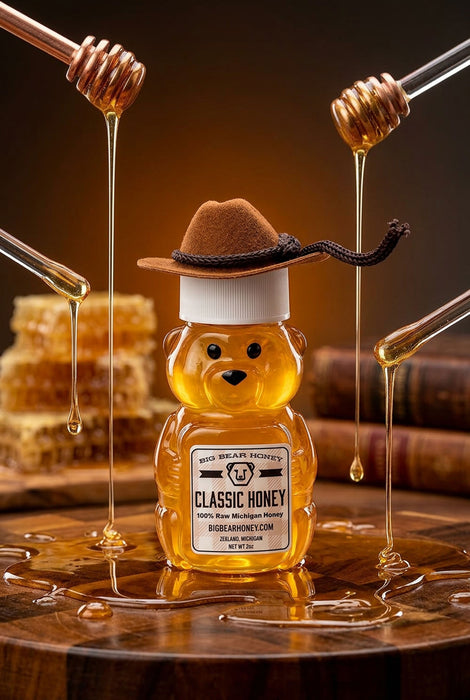 Honey bear bottle with honey drizzling from dipper on a wooden surface