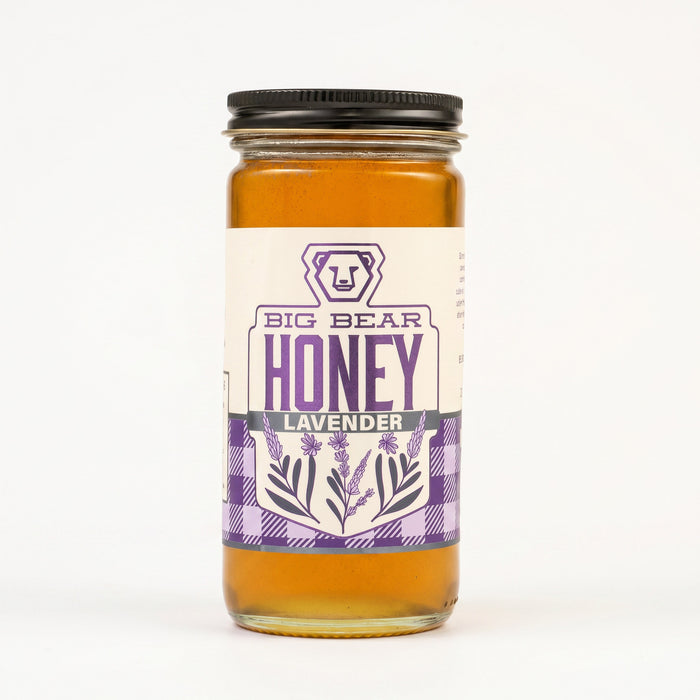 Jar of Big Bear Lavender Honey on a white background