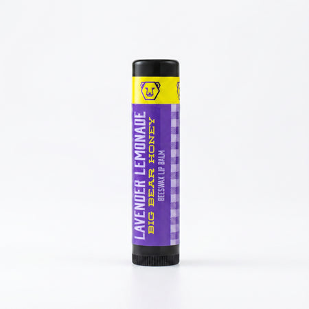 Lavender Lemonade Lip balm tube with purple label on a white background
