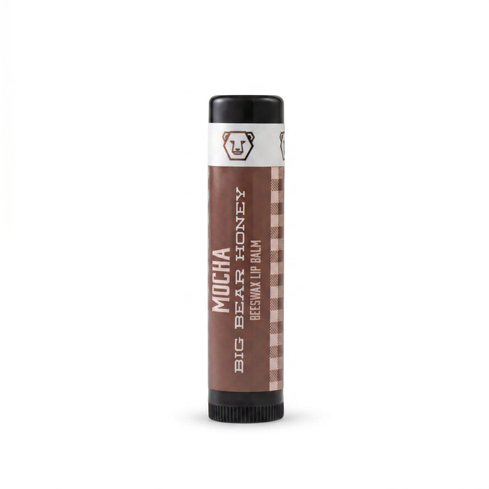 Lip balm with a brown label on a white background