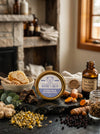 Nature's Balm jar with honey, honeycomb, and other natural ingredients on a stone surface.