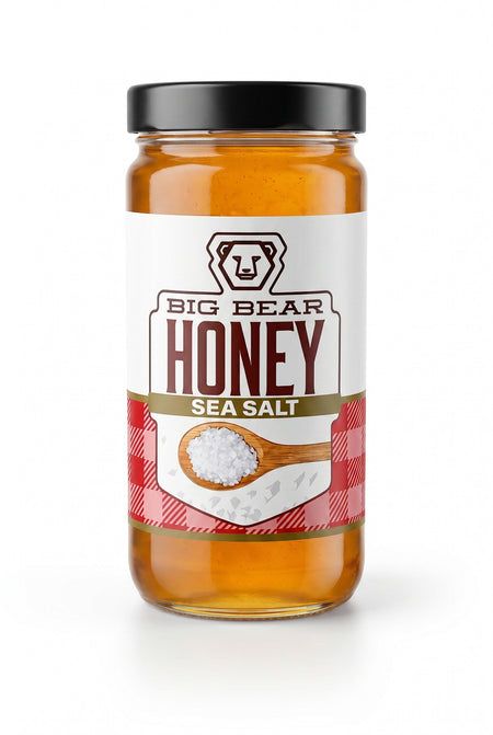 Jar of Big Bear Honey Sea Salt on a white background