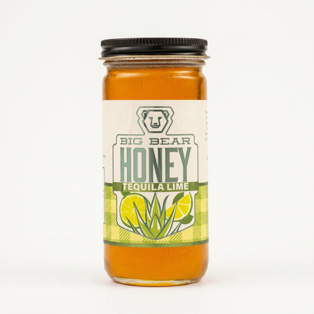 Jar of Big Bear Honey Tequila Lime on a white background