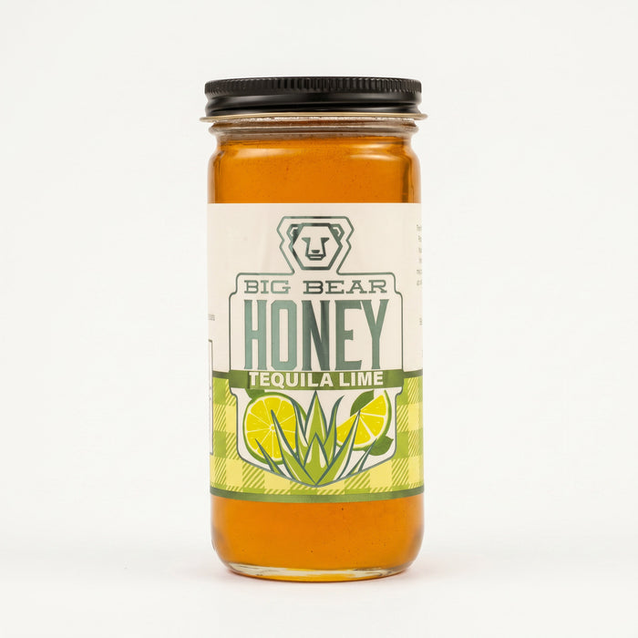 Jar of Big Bear Honey Tequila Lime on a white background